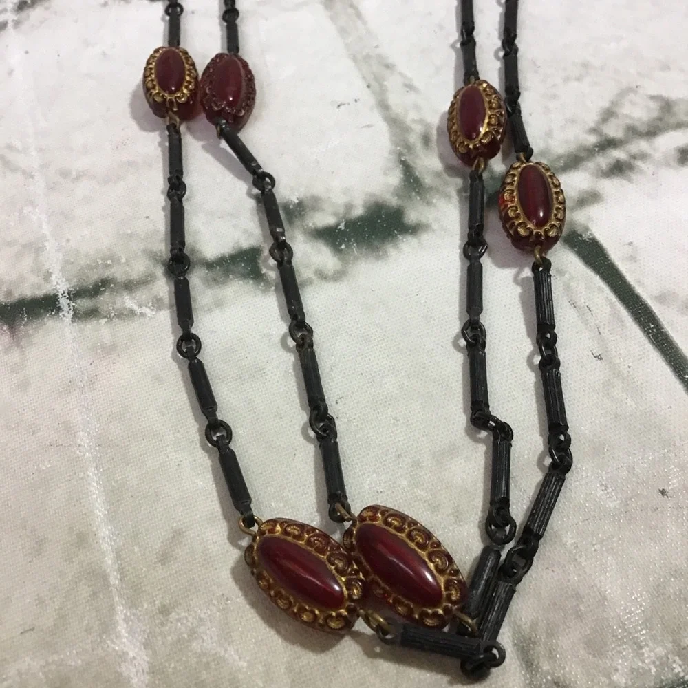 Joy Long Double Beaded Necklace Red Oblong Beads Black Burgundy Victorian Witchy
